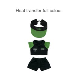 A plush doll racing suit set in black and green, including a cap, polo shirt, and shorts. Features a logo.