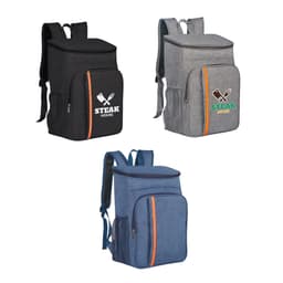 A large capacity cooler backpack in black, grey, and navy with front pockets and logo branding.