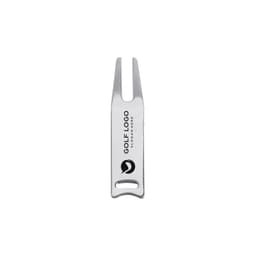 A silver golf divot tool with two prongs and a handle, featuring a logo.
