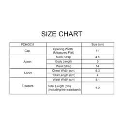 A size chart featuring measurements for a cap, apron, T-shirt, and trousers, including specific dimensions in centimetres.