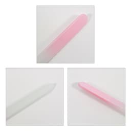 A gradient glass nail file with pink and clear sections, featuring a smooth finish and a subtle logo.