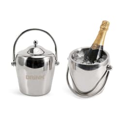 A stainless steel cooler bucket with a handle, filled with ice and a champagne bottle inside.