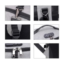 A grey convertible bucket backpack duffel bag featuring various clips, zippers, and mesh details. It has a branding logo.