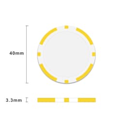 A round poker chip with a diameter of 40mm, featuring a white centre and yellow accents.
