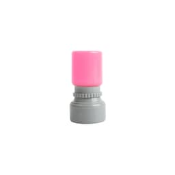 A pink round stamp with a grey base, featuring a logo on the body.