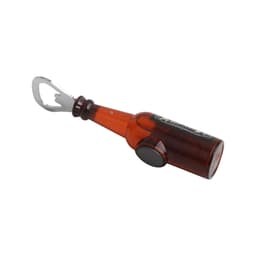 A drink bottle-shaped opener in amber with a fridge magnet and a silver bottle opener attached.