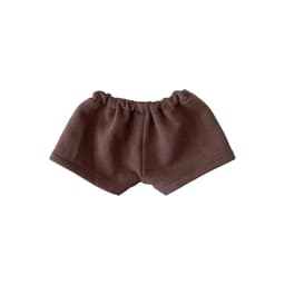 A pair of brown plush doll shorts with an elastic waistband. Simple design for dolls.