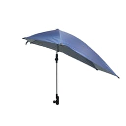 A blue adjustable umbrella with a universal clamp for attaching to various surfaces. Features a sturdy pole and sleek design.