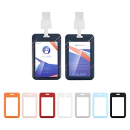 A double-sided ID card holder in various colours, featuring a logo and slots for cards.
