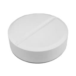 A round, white tablet-shaped stress reliever with a smooth surface and a shallow groove across the middle.