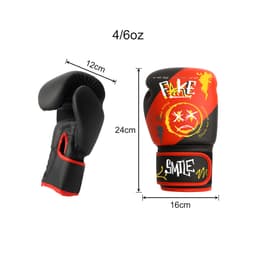 Kids boxing gloves in black, red, and yellow, featuring a design with graphics and a logo. Dimensions provided.