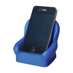 A blue stress reliever shaped like a chair, holding a mobile phone in an upright position.