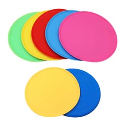 A set of silicone frisbees in various colours, including pink, red, blue, green, yellow, and orange.