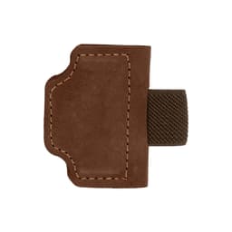 A brown magnetic bookmark with a pen clip, featuring stitched detailing and a textured strap.