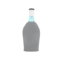A drink bottle in a grey short bottle cooler with a zipper, featuring a branding logo.