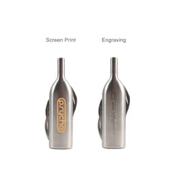 A drink bottle opener in stainless steel with a sleek design and a logo on the side, featuring two different printing styles.