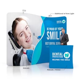 A vibrant S-shaped tension fabric display wall prominently featuring a smiling woman and a man. Includes branding elements.