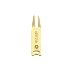 A gold golf divot tool with a logo and a two-pronged design for repairing golf greens.