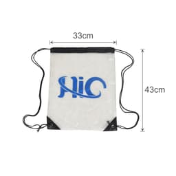 A clear PVC drawstring bag with black edges and a logo, measuring 33cm by 43cm.