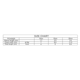 A size chart detailing measurements for a plush doll hoodie, including sleeve length and total length.