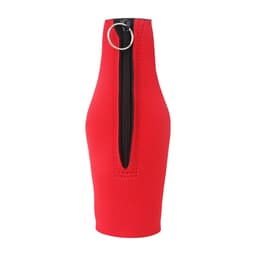 A drink bottle cooler in vibrant red with a zippered top and a metal ring for ease of handling.