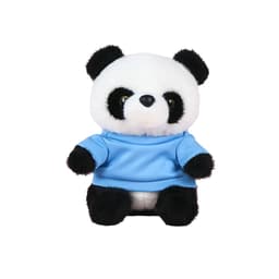 A plush toy panda with a black and white fur pattern, wearing a blue shirt, and has shiny eyes.