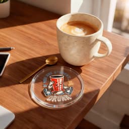 A clear acrylic coaster on a wooden table, with a coffee cup, spoon, and smartphone nearby. The coaster features a logo.