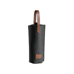 A drink bottle bag in dark grey felt with a brown leather handle and accent. It features a simple logo.