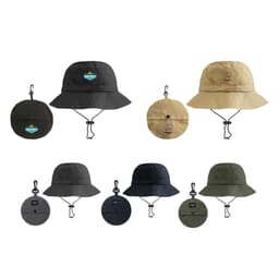 A collection of foldable bucket hats in black, khaki, navy, grey, and olive green with circular compact storage.