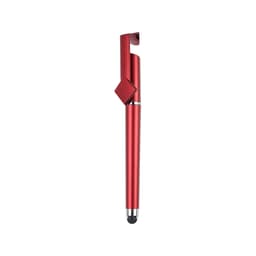 A red metal pen with a sleek design, featuring a clip and a stylus tip at the end. It has a logo on the body.