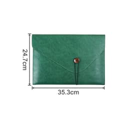 A green PU leather folder with a button closure, measuring 35.3 cm by 24.7 cm. It features a logo.