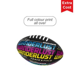 A mini promotional Aussie Rules ball in black with vibrant, full-colour print featuring various text and a logo.