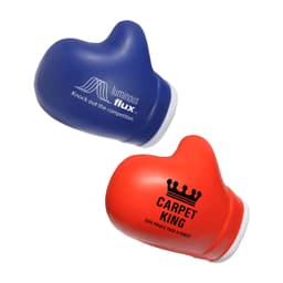 A red and blue boxing glove shape stress reliever with branding.