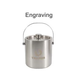 A silver ice bucket with a lid and a handle, featuring a logo on the front.