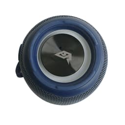 A round, blue outdoor Bluetooth speaker with a textured surface and a central black panel featuring a logo.