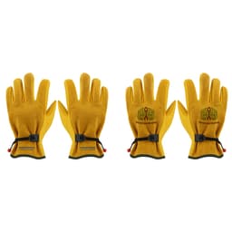 A pair of yellow cowhide gardening gloves with adjustable wrist straps, featuring a logo on one glove.
