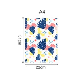 An A4 L-shaped open folder featuring a vibrant design with blue leaves, pink, yellow, and red shapes on a white background.