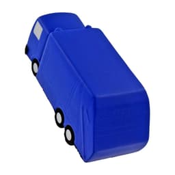 A blue garbage truck-shaped stress reliever with a simple design and black wheels, featuring a logo on the surface.