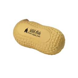 A yellow peanut-shaped stress reliever with a logo on its surface, featuring a textured design.