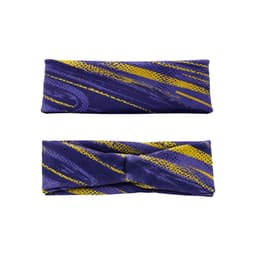 A patterned purple and yellow brushed polyester thermal headband with a twist design, featuring a subtle logo.