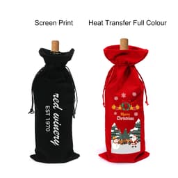A drink bottle bag in black flannel on one side and red flannel with a festive design on the other. Both feature drawstrings.