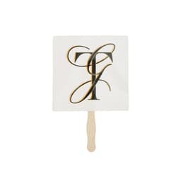 A custom shape paper hand fan with a white surface and wooden handle, featuring a decorative black and gold design.