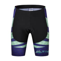 Men's cycling shorts featuring a black base with green and purple patterned accents, and a logo. Designed for sports use.