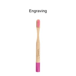 A bamboo toothbrush with a small round handle, featuring a pink brushing head and a logo.