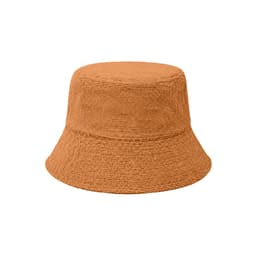 A reversible bucket hat in an orange terry cloth material, featuring a textured finish and a simple design.