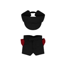 A black racing suit set for a 10cm plush doll, featuring a matching cap and shorts with red accents.