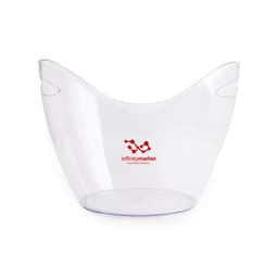 A clear plastic ice bucket with a smooth design, featuring a visible logo on the front.