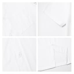 A white chef jacket with short sleeves, featuring buttons and pockets, and a logo.