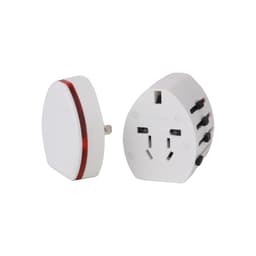 A white travel adapter with a red stripe, featuring multiple port options and USB compatibility.