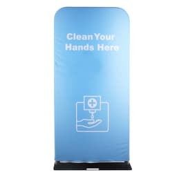 A blue dispenser stand with a graphic of a hand and a droplet, featuring a logo at the base.